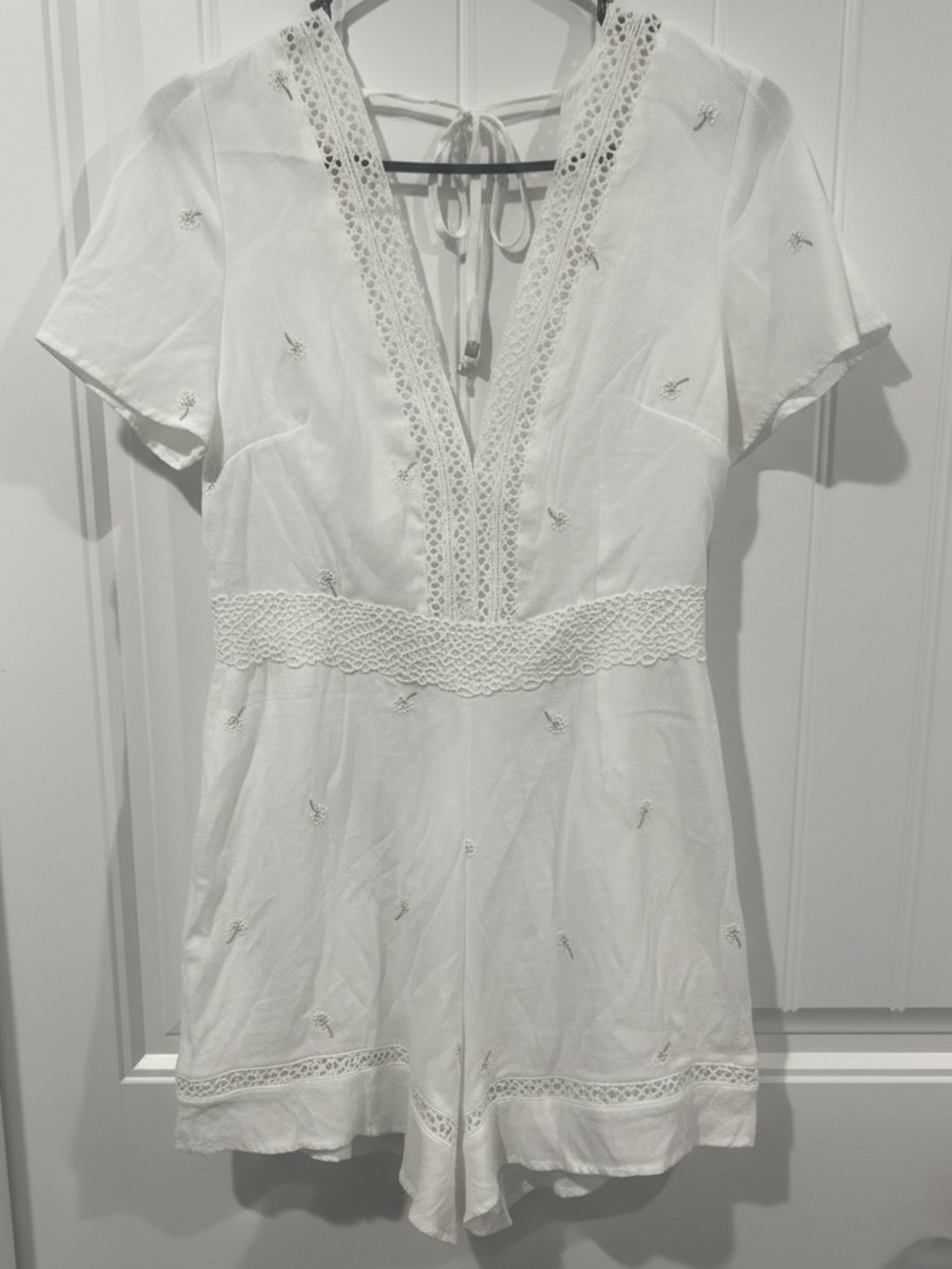 White Lace Trim Romper ,Boho Cottagecore Summer, Vacation, Bridal - Picture 2 of 7